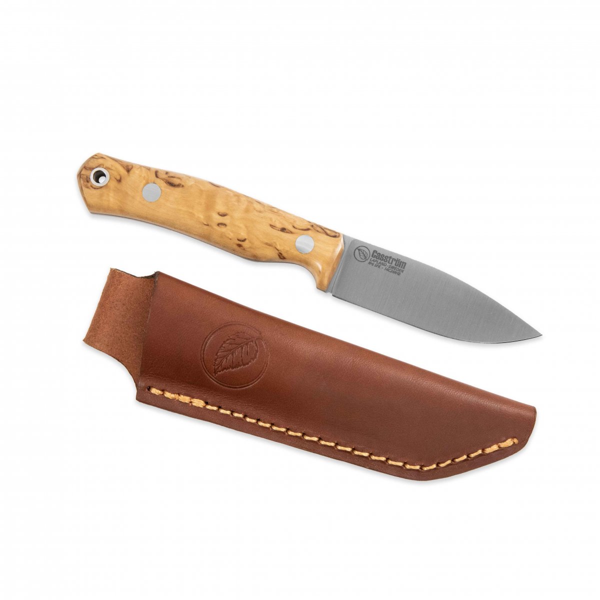 Casström No.8 SFK kniv i stabiliserad masurbjörk flatslipad, slida i läder