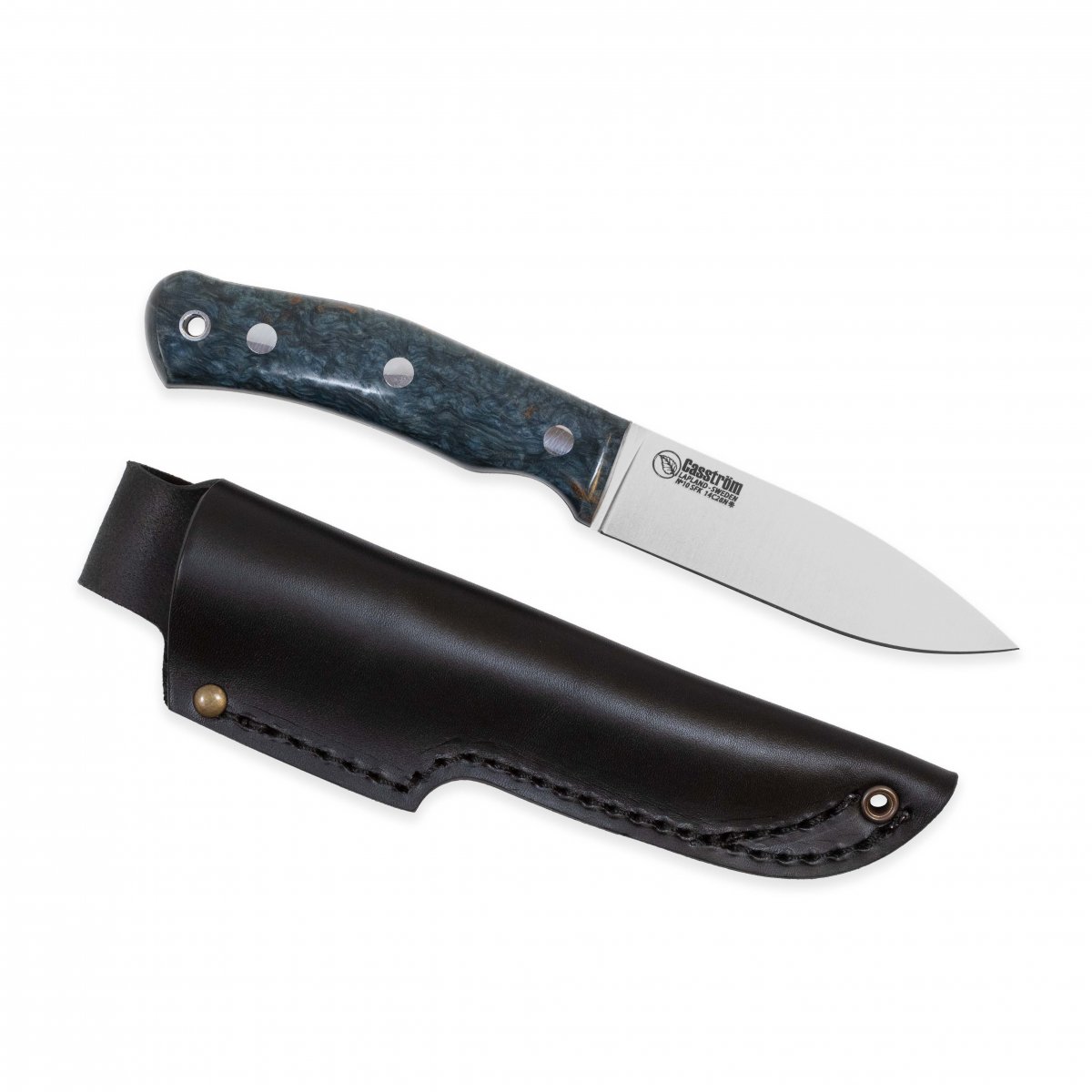 Casström No.10 SFK kniv i stabiliserad blå masurbjörk & rostfritt flatslipad, slida i läder
