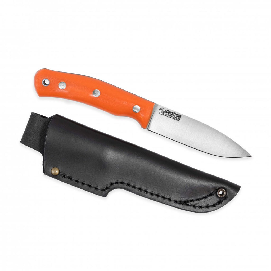 Casström No.10 SFK kniv i orange G10 & rostfritt flatslipad, slida i läder (bild 2)