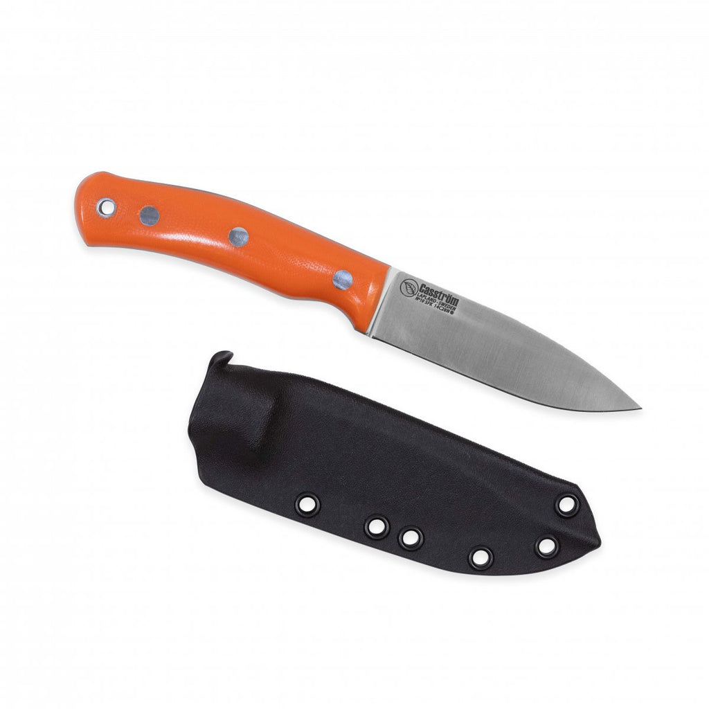 Casström No.10 SFK kniv i orange G10 & rostfritt flatslipad, slida i läder